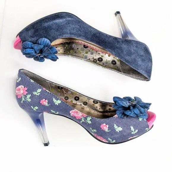 Poetic License Navy Floral Heel Womens 7.5 Peep Toe Suede Retro Party Pumps - Picture 5 of 8